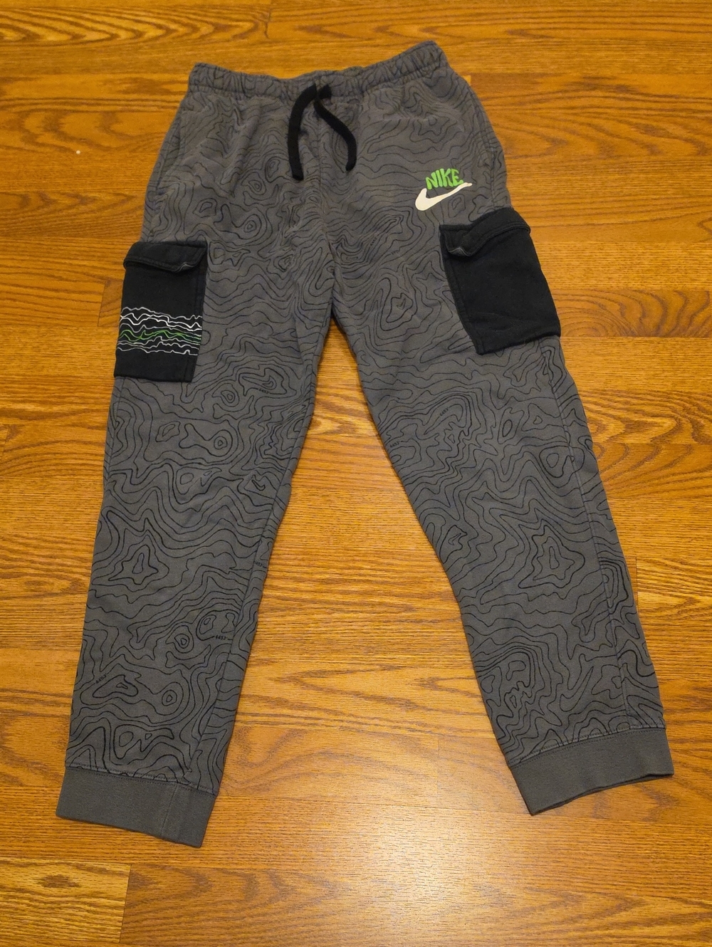 Nike Gray Joggers with Neon Green Logo and Black Cargo Pockets